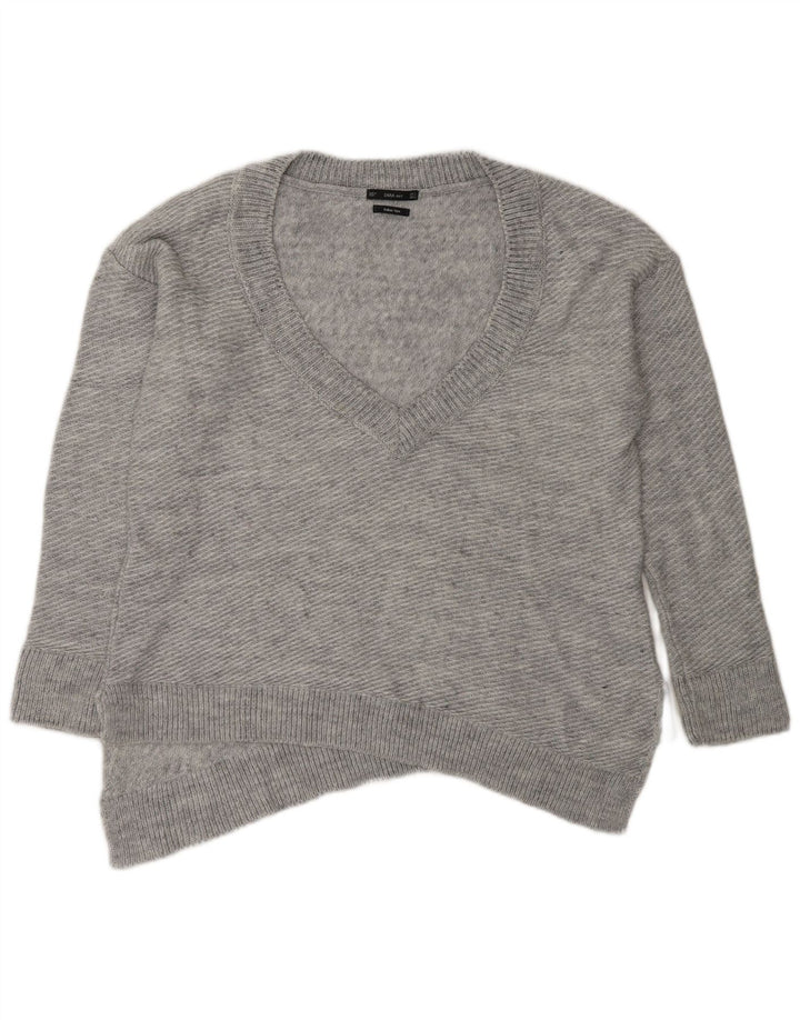 Zara Damen Asymmetrischer, übergroßer Pullover mit V-Ausschnitt, Gr. 10, Größe S, Grau