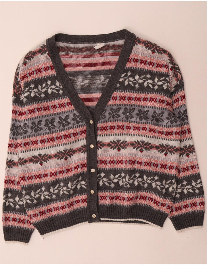 Vintage Damen Oversized Cardigan Pullover UK 14 Mittelgrau gestreift aus Acryl