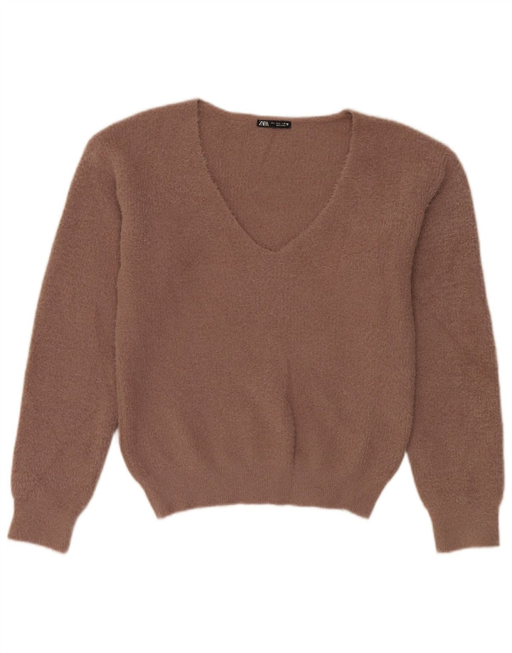 Zara Damen-Pullover, übergroß, V-Ausschnitt, Gr. 10, Größe S, braun, Polyester