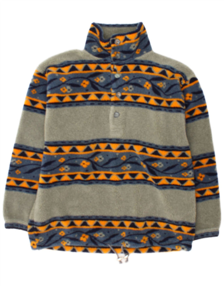 Vintage Herren-Fleecepullover mit Knopfkragen, groß, graues geometrisches Polyester
