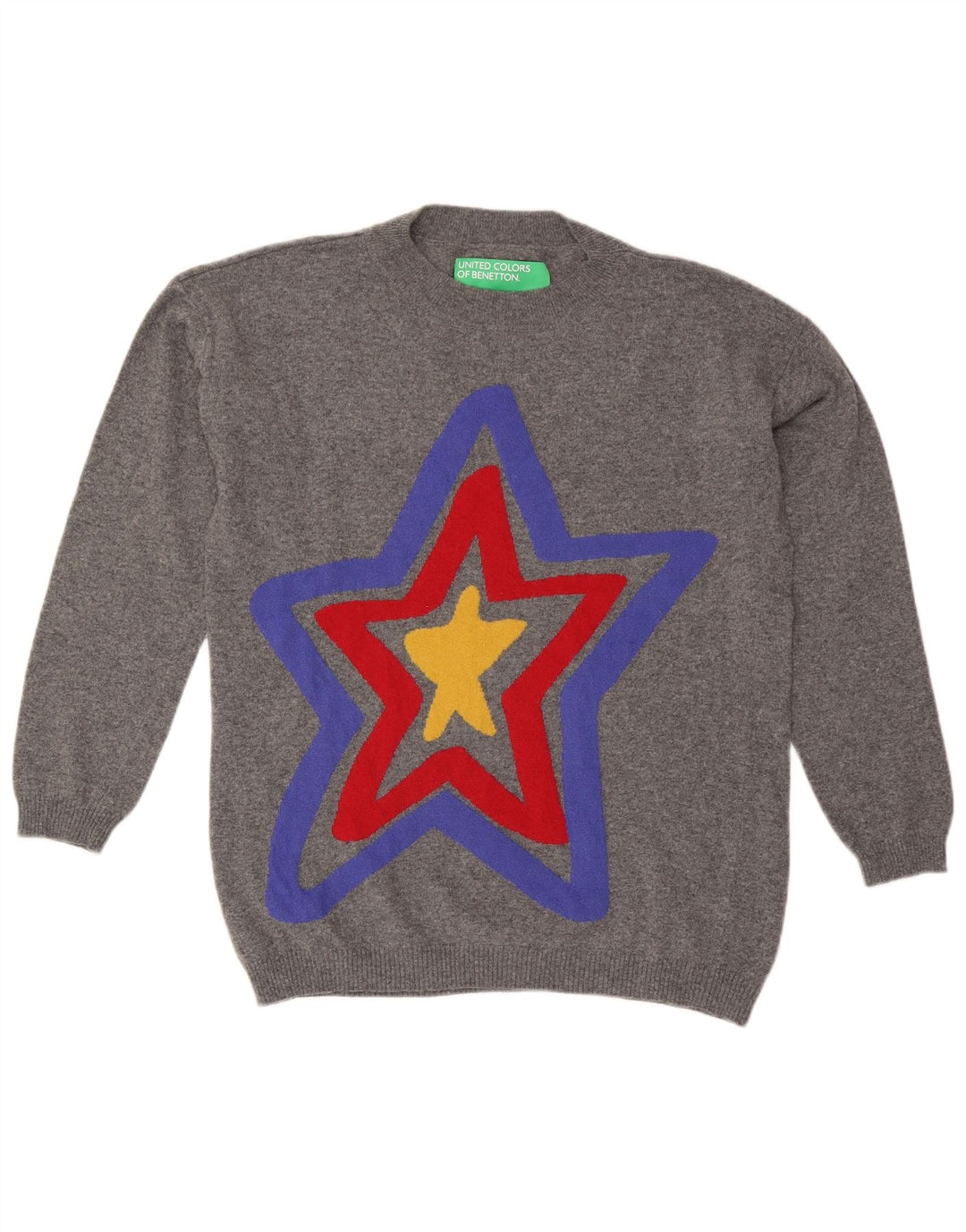 BENETTON Herren-Pullover mit grafischem Rundhalsausschnitt, Mittelgrau mit Blumenmuster