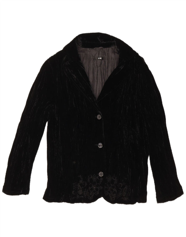 VINTAGE Damen 3-Knopf-Samt-Blazerjacke UK 18 XL Schwarz geblümt