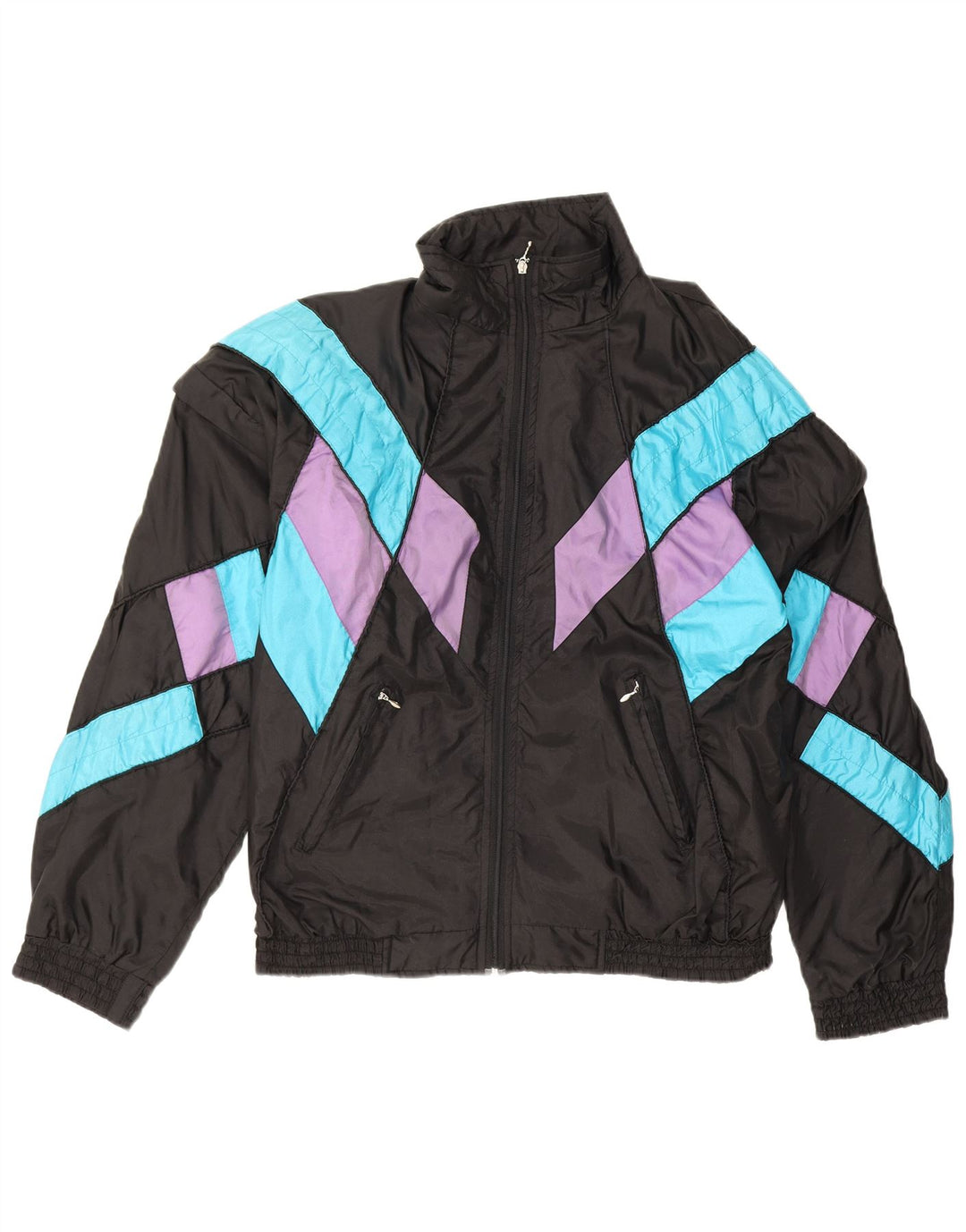 Vintage Herren-Trainingsanzug-Top-Jacke XL, schwarzes Colourblock-Polyamid