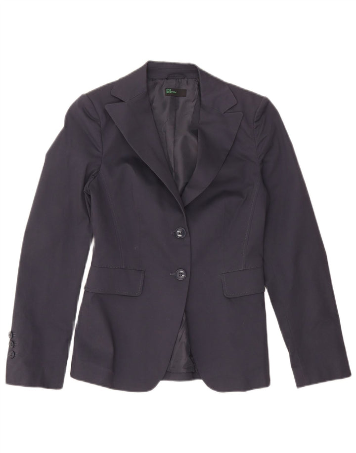 Benetton Damen 2-Knopf-Blazerjacke IT 40 Small Marineblaue Baumwolle