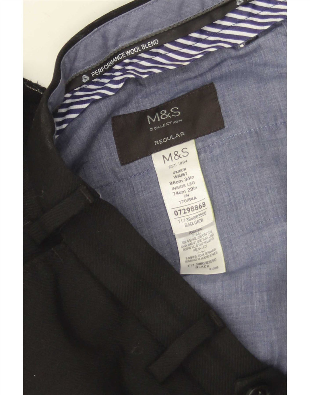 Gerade Herren-Anzughose von Marks & Spencer, W34, L29, schwarze Wolle
