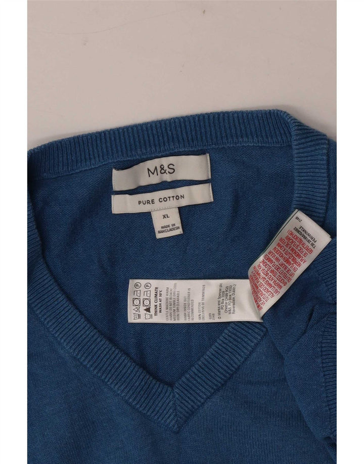 Marks & Spencer Herren-Pullover mit V-Ausschnitt, XL, blaue Baumwolle