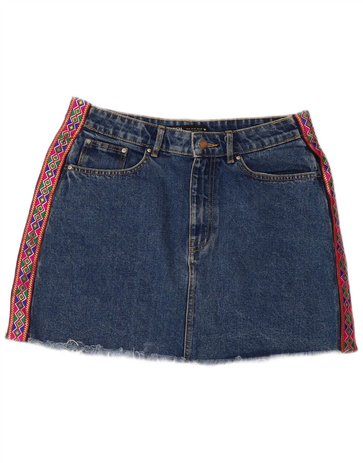 Zara Damen Mini-Jeansrock Medium W28 Blau Geometrisch