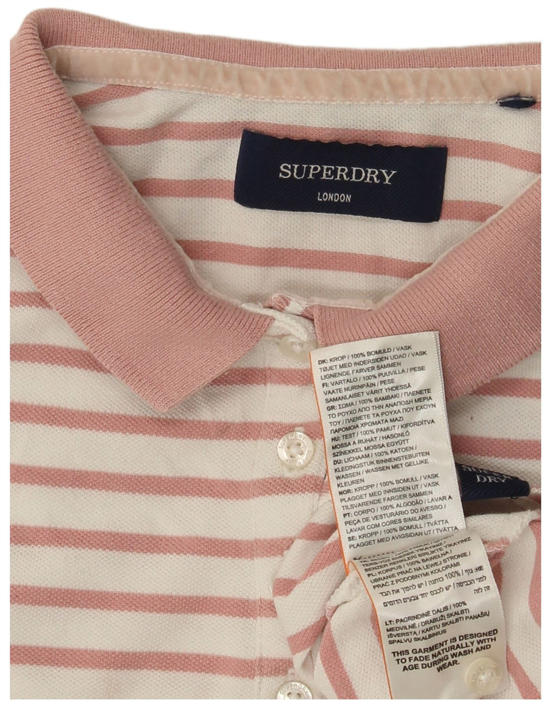 SUPERDRY Damen-Poloshirt UK 12 Mittelrosa gestreift aus Baumwolle