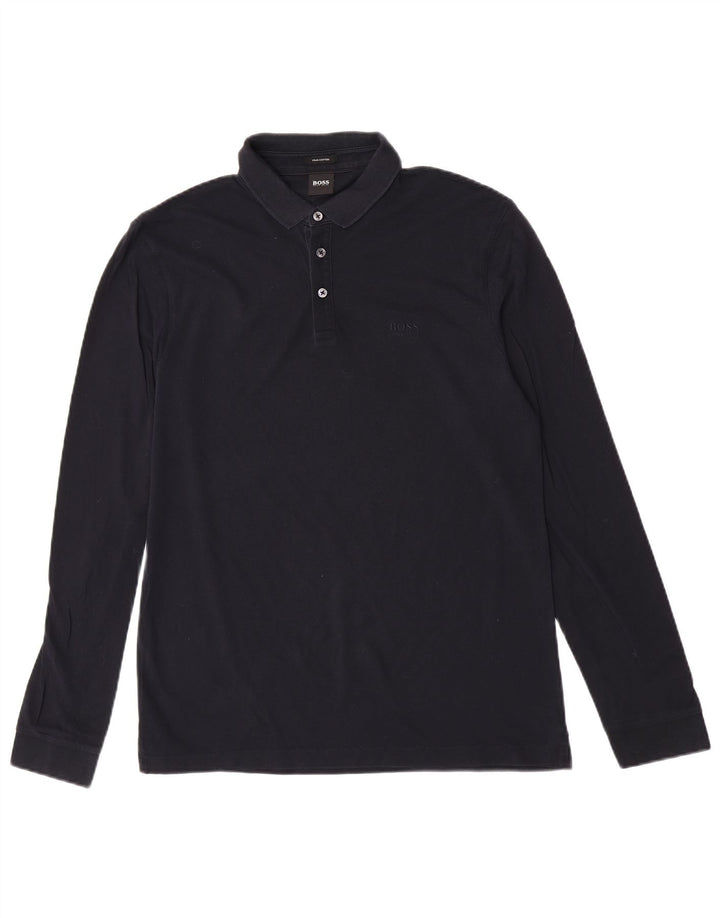 Hugo Boss Herren-Langarm-Poloshirt, mittelmarineblaue Baumwolle
