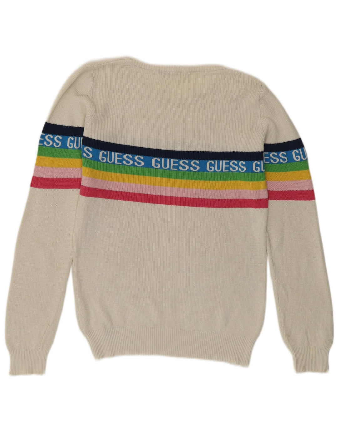 Guess Damen-Pullover mit grafischem Rundhalsausschnitt, Gr. 8, Größe S, weiße Baumwolle