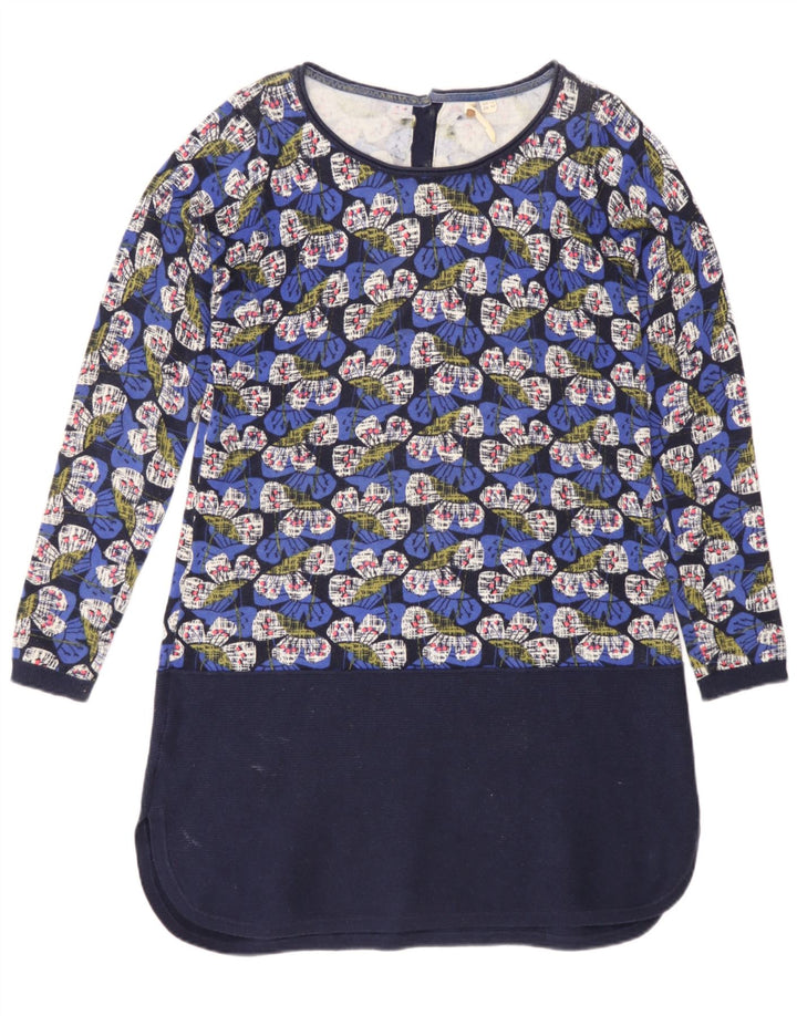 White Stuff Damen-Etuikleid mit langen Ärmeln, UK-Größe 12, mittelblaue Baumwolle mit Blumenmuster