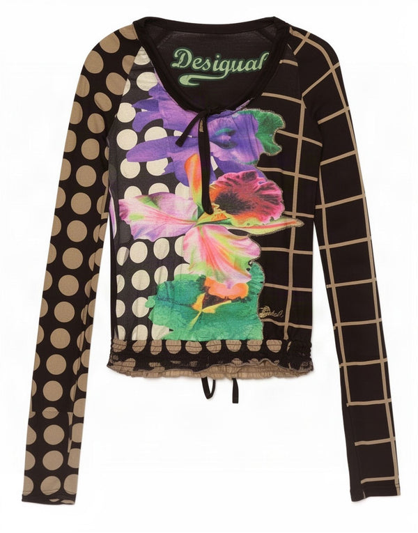 Desigual Womens Graphic Top Langarm UK 10 Small Schwarz geblümte Baumwolle