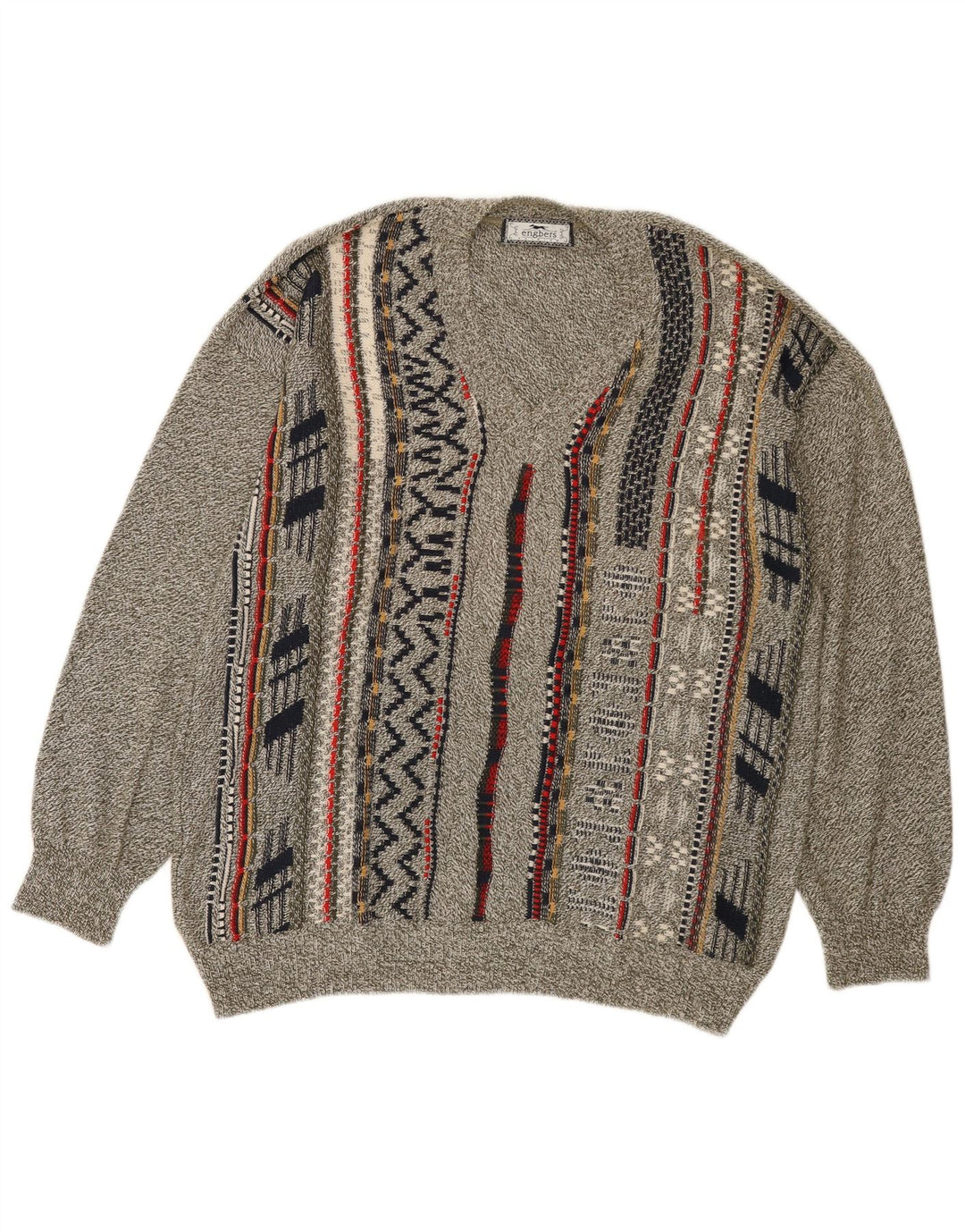 Engbers Herren-Pullover mit V-Ausschnitt IT 50 Mittelgrau gestreifte Baumwolle