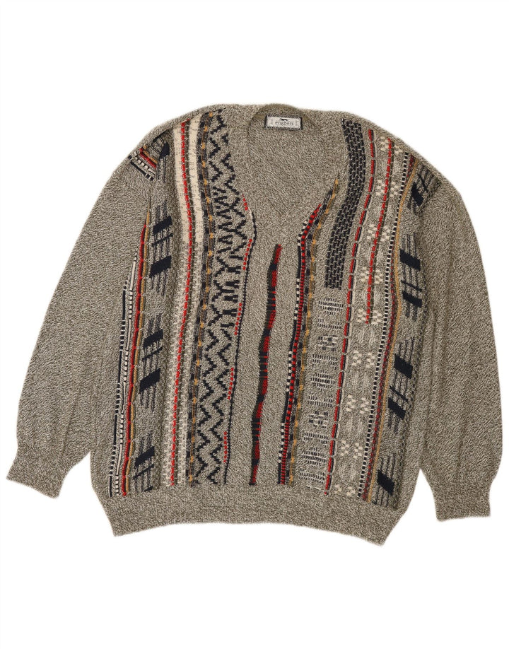 Engbers Herren-Pullover mit V-Ausschnitt IT 50 Mittelgrau gestreifte Baumwolle