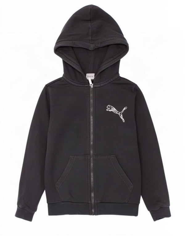 Puma Jungen Kapuzenpullover mit grafischem Reißverschluss, 9–10 Jahre, schwarze Baumwolle