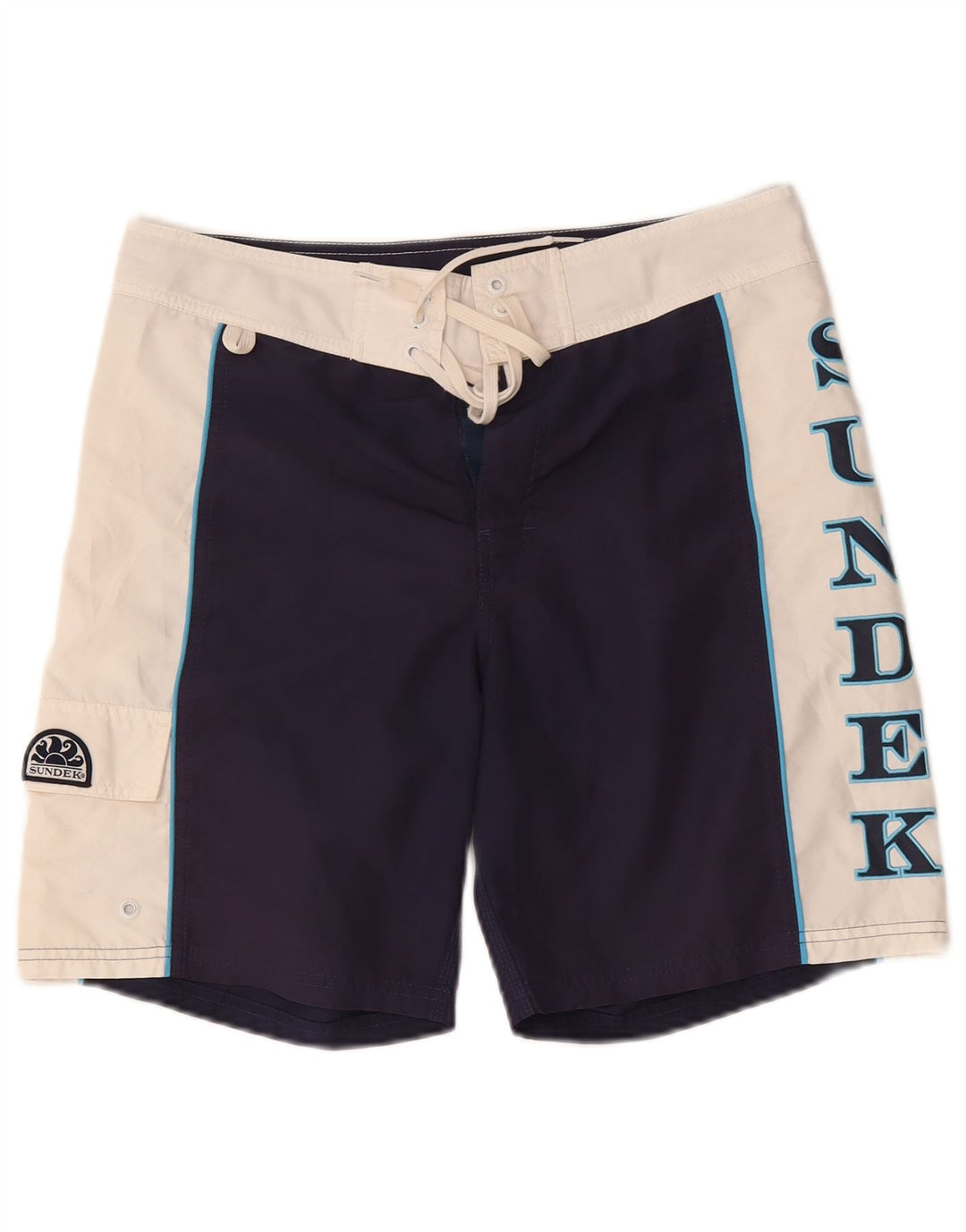 Sundek Herren-Badeshorts mit Grafik, mittelgroß, Marineblau, Farbblock-Polyester