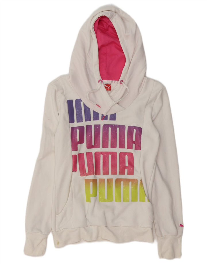 PUMA Damen Graphic Hoodie Pullover UK 8 Small Weiße Baumwolle