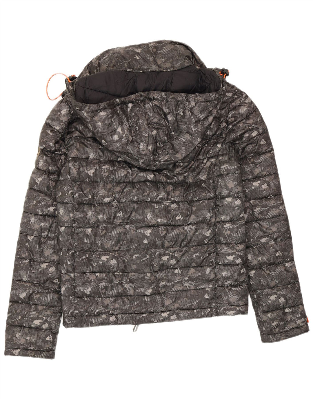 Superdry Wattierte Damenjacke mit Kapuze, UK 14, mittelgraues Camouflage-Polyester