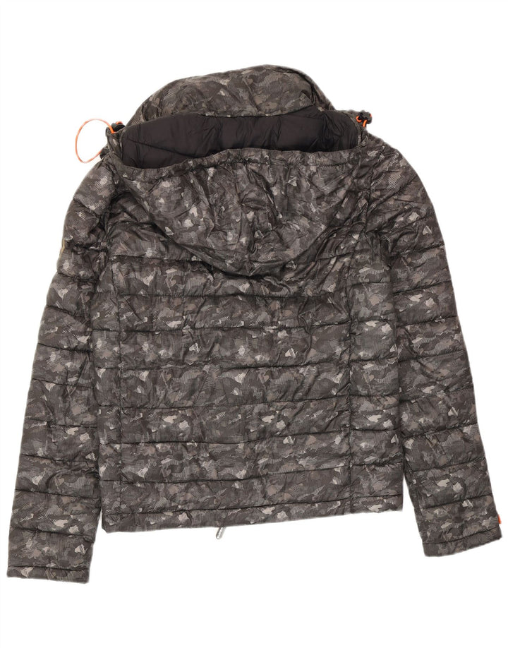 Superdry Wattierte Damenjacke mit Kapuze, UK 14, mittelgraues Camouflage-Polyester
