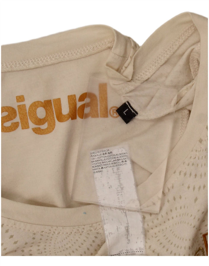 DESIGUAL Damen Grafik-T-Shirt-Oberteil UK 14 Große beige gepunktete Baumwolle