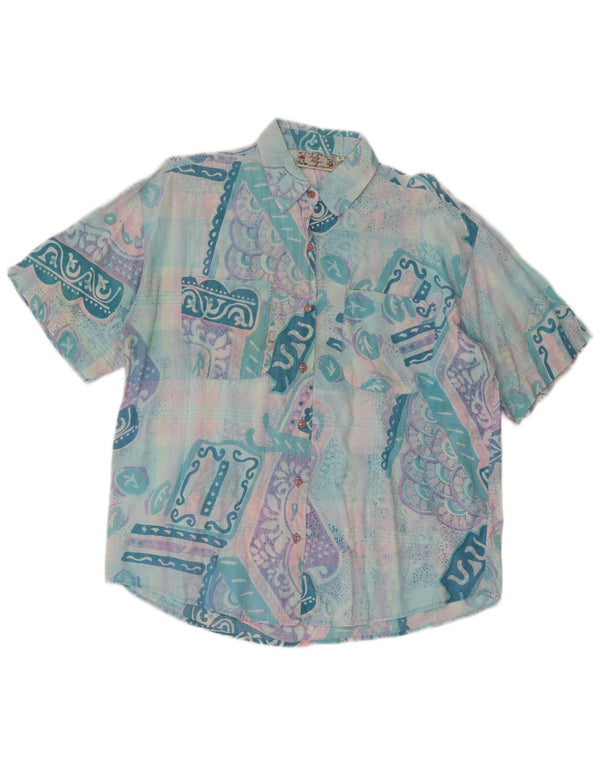 Vintage Damen Kurzarmshirt UK 14 Groß Türkis Patchwork Retro