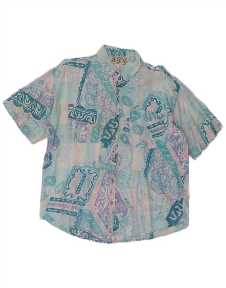 Vintage Damen Kurzarmshirt UK 14 Groß Türkis Patchwork Retro