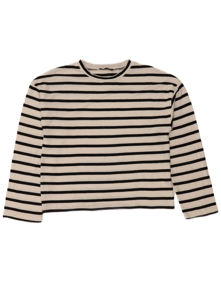 Zara Damen Top Langarm UK 14 Mittelweiß gestreifte Viskose