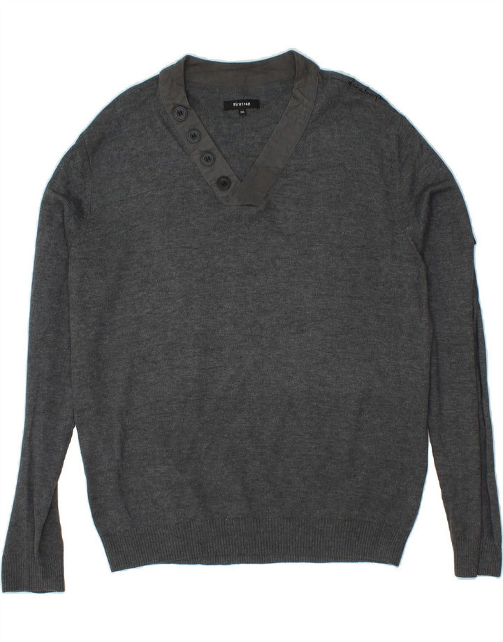 FIRETRAP Mens V-Neck Jumper Sweater 2XL Grey Cotton Vintage Firetrap and Second-Hand Firetrap from Messina Hembry 