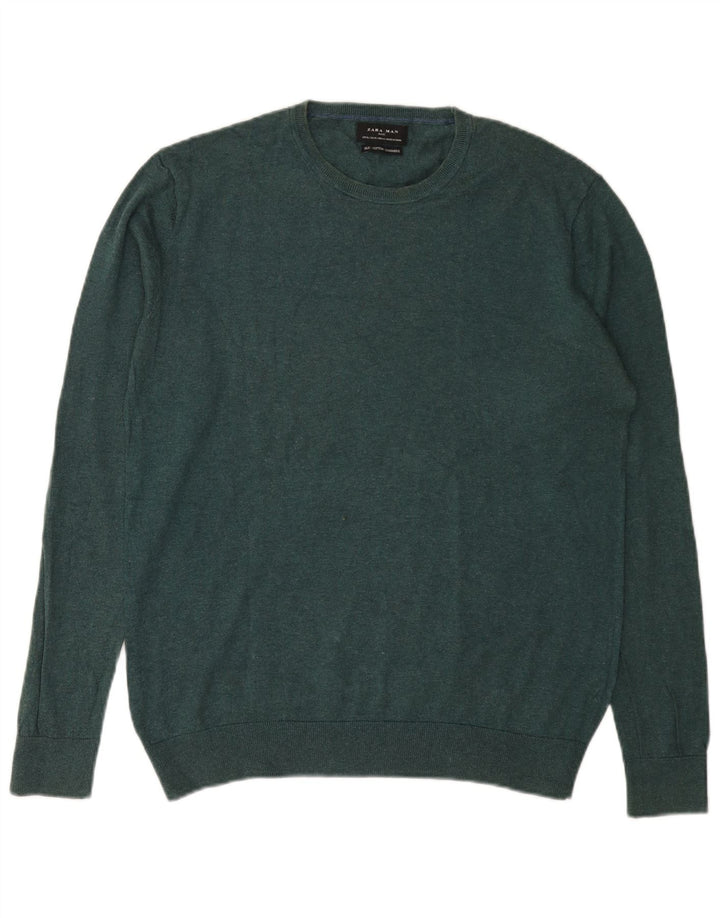 Zara Herren-Pullover mit Rundhalsausschnitt, XL, grüne Seide