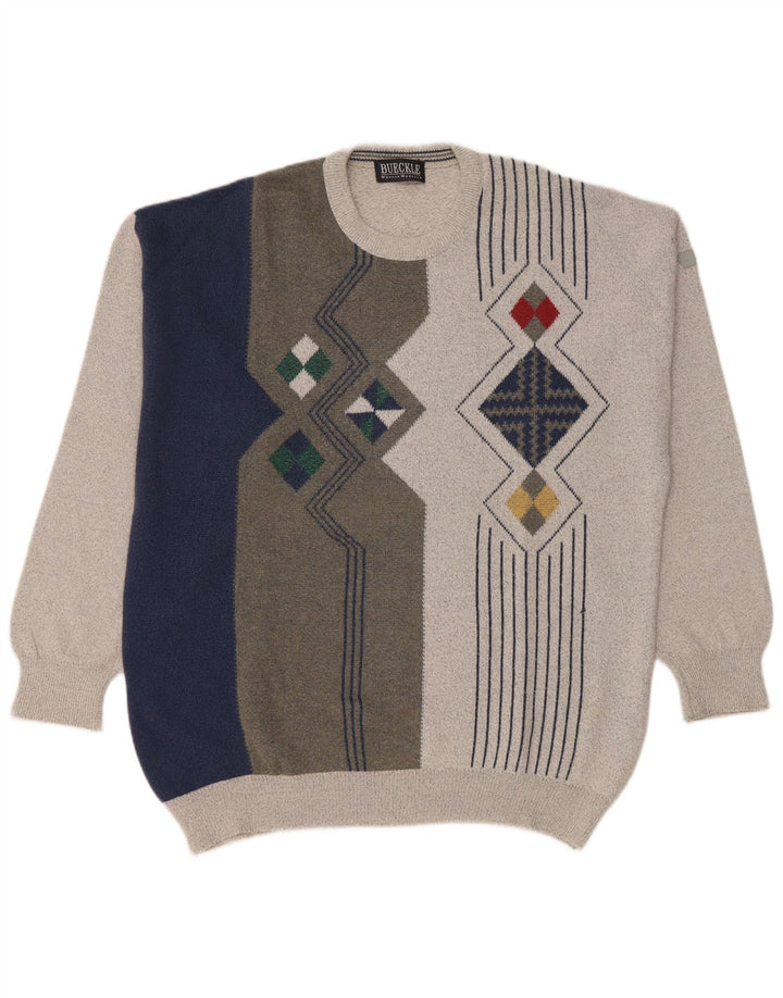 Vintage Herren-Pullover mit Rundhalsausschnitt, groß, grau, Farbblock