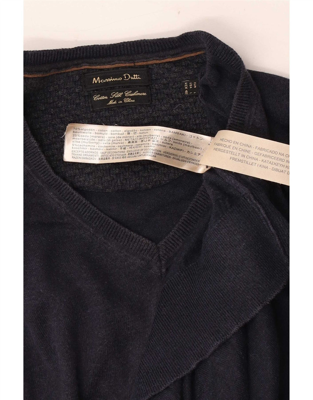 Massimo Dutti Herren-Pullover mit V-Ausschnitt, groß, marineblaue Baumwolle