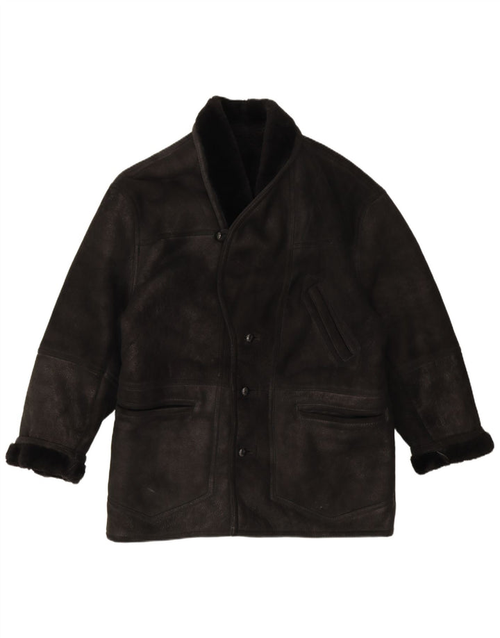 Vintage Herren Shearling Jacke IT 54 2XL Schwarz Shearling