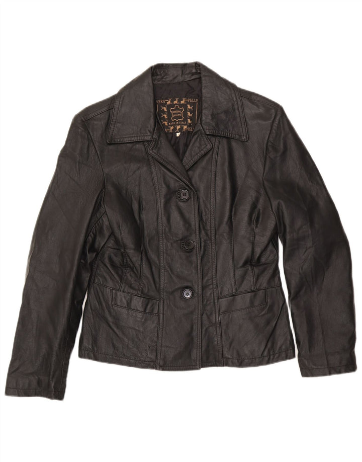 Vintage Damen 3 Knopf Leder Blazer Jacke UK 14 Large Schwarz