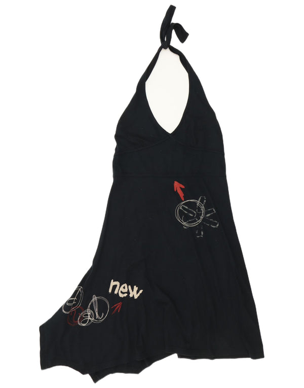 Desigual Damen grafisches asymmetrisches Neckholder-Kleid UK 18 XL Schwarz Baumwolle