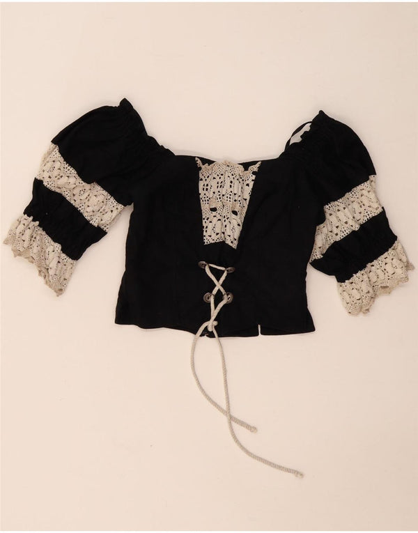 LANDHAUS Damen Trachten Crop Corset Top UK 8 Small Schwarz geblümtes Leinen