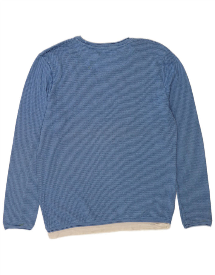 Zara Herren-Pullover mit Rundhalsausschnitt, groß, blaue Blockfarben-Baumwolle
