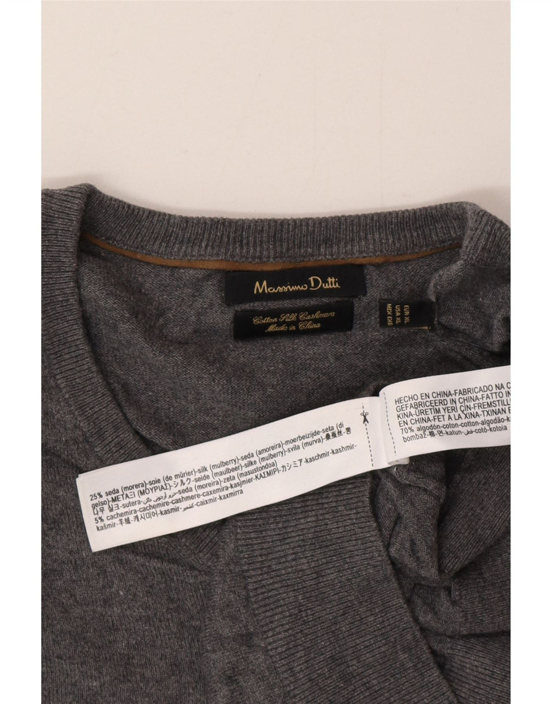 Massimo Dutti Herren-Pullover mit V-Ausschnitt, XL, graue Baumwolle