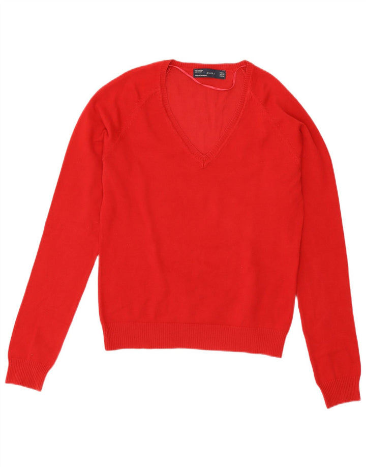 Zara Damen-Pullover mit V-Ausschnitt, UK 12, mittelrote Baumwolle