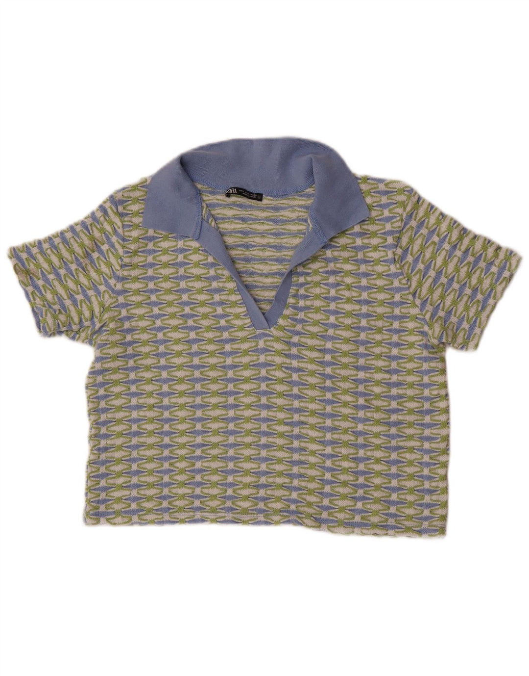Zara Damen Crop Poloshirt UK 10 Small Grün Geometrisch Polyester