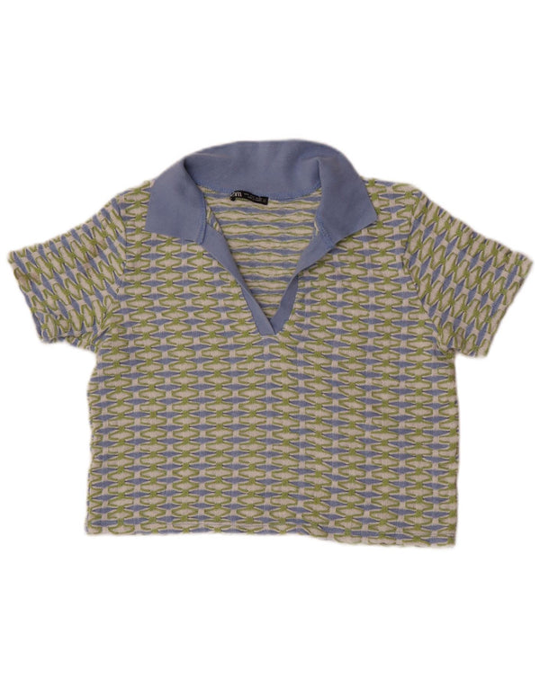 Zara Damen Crop Poloshirt UK 10 Small Grün Geometrisch Polyester