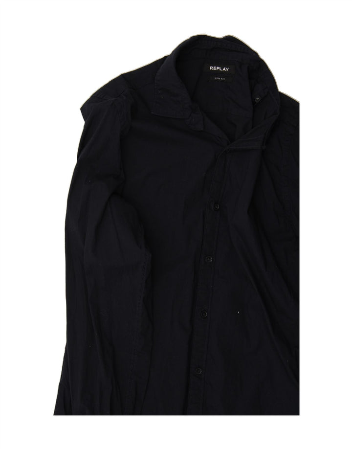 REPLAY Mens Slim Fit Shirt Large Navy Blue Cotton Vintage Replay and Second-Hand Replay from Messina Hembry 