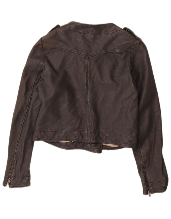 French Connection Damen-Militär-Crop-Jacke UK 10 Small aus schwarzem Leder