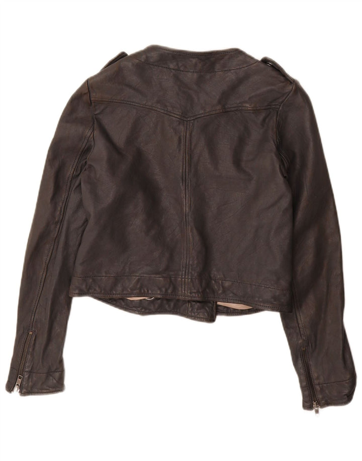 French Connection Damen-Militär-Crop-Jacke UK 10 Small aus schwarzem Leder