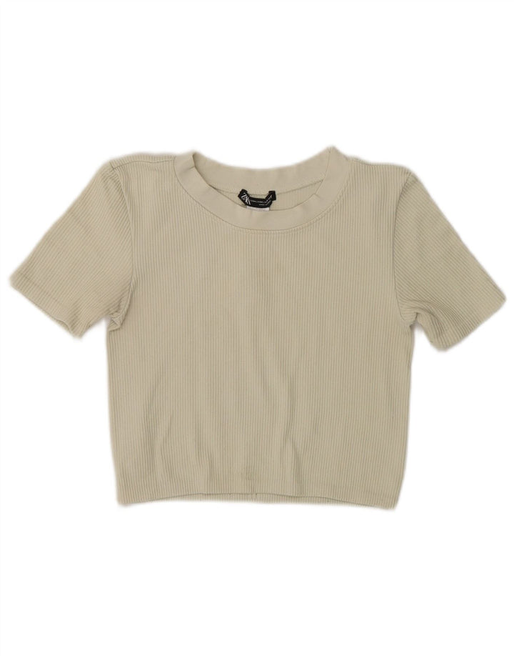 Zara Damen Crop T-Shirt Top UK 12 Medium Off White Nylon