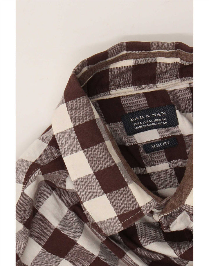 Zara Slim-Fit-Hemd für Herren, großes braunes Gingham-Karomuster