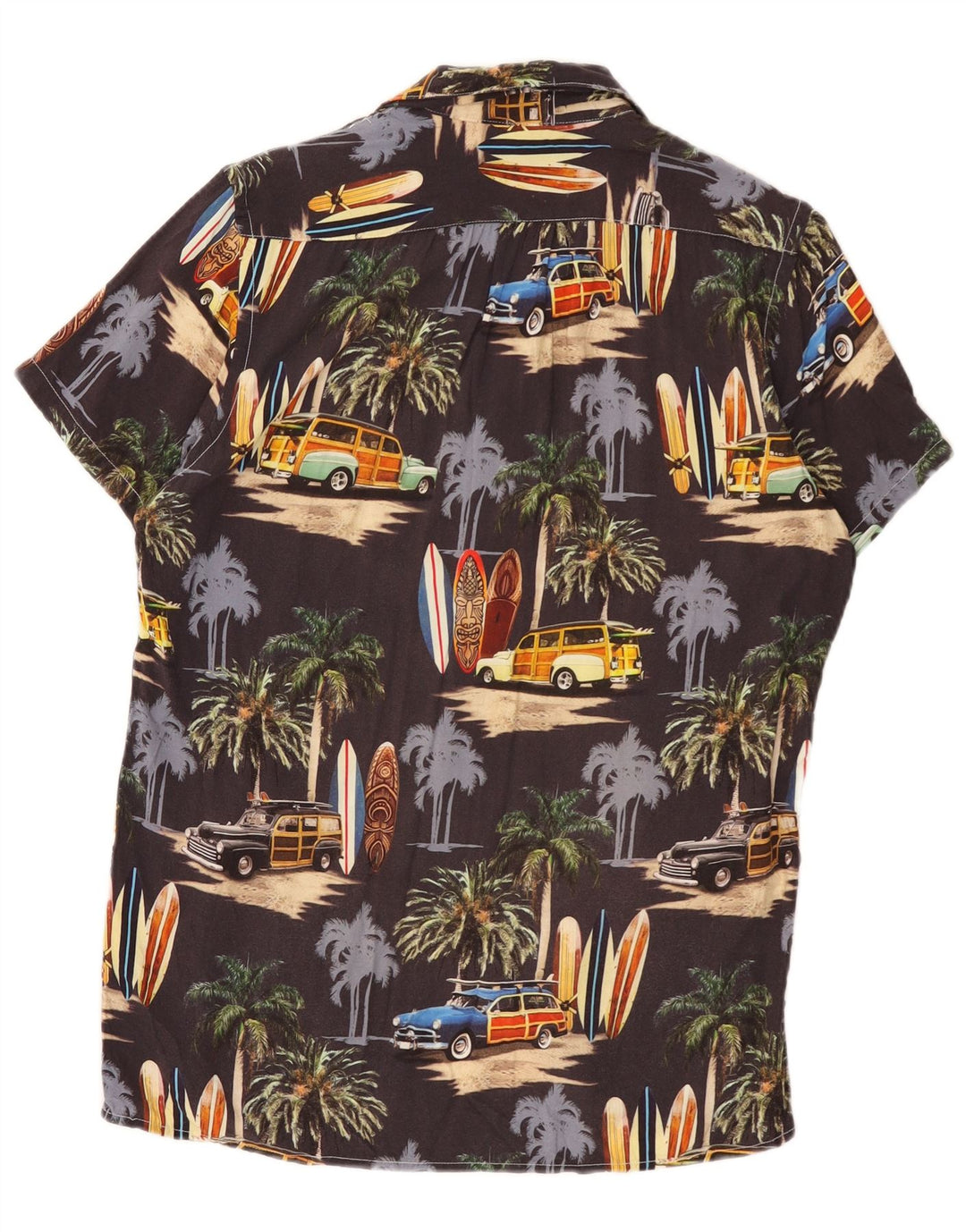 Vintage Herren Grafik Kurzarmshirt Medium Schwarz Viskose Hawaiianisch