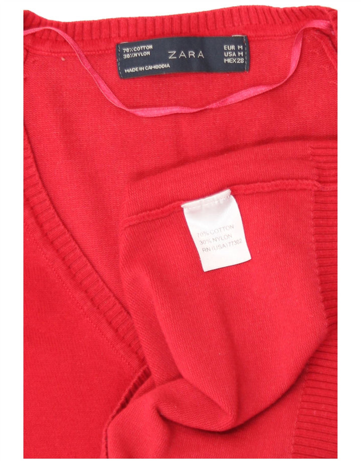 Zara Damen-Pullover mit V-Ausschnitt, UK 12, mittelrote Baumwolle