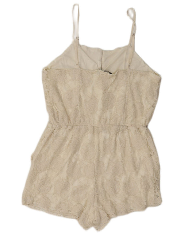 Zara Damen Ärmelloser Playsuit Large W32 Off White Floral Nylon