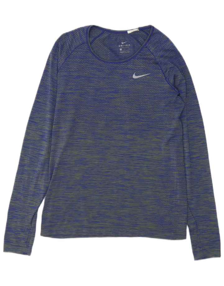 Nike Damen Dri Fit Top Langarm UK 12 Mittelblau gestreift