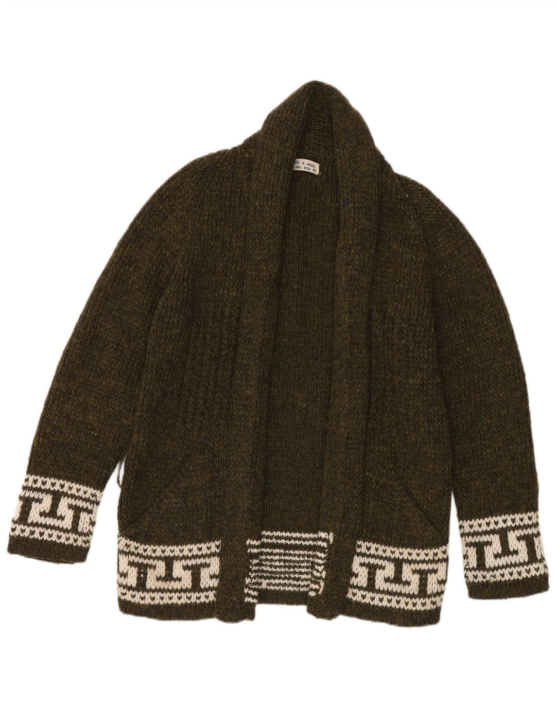 Vintage Damen Offener Cardigan Pullover UK 14 Medium Khaki Geometrische Wolle